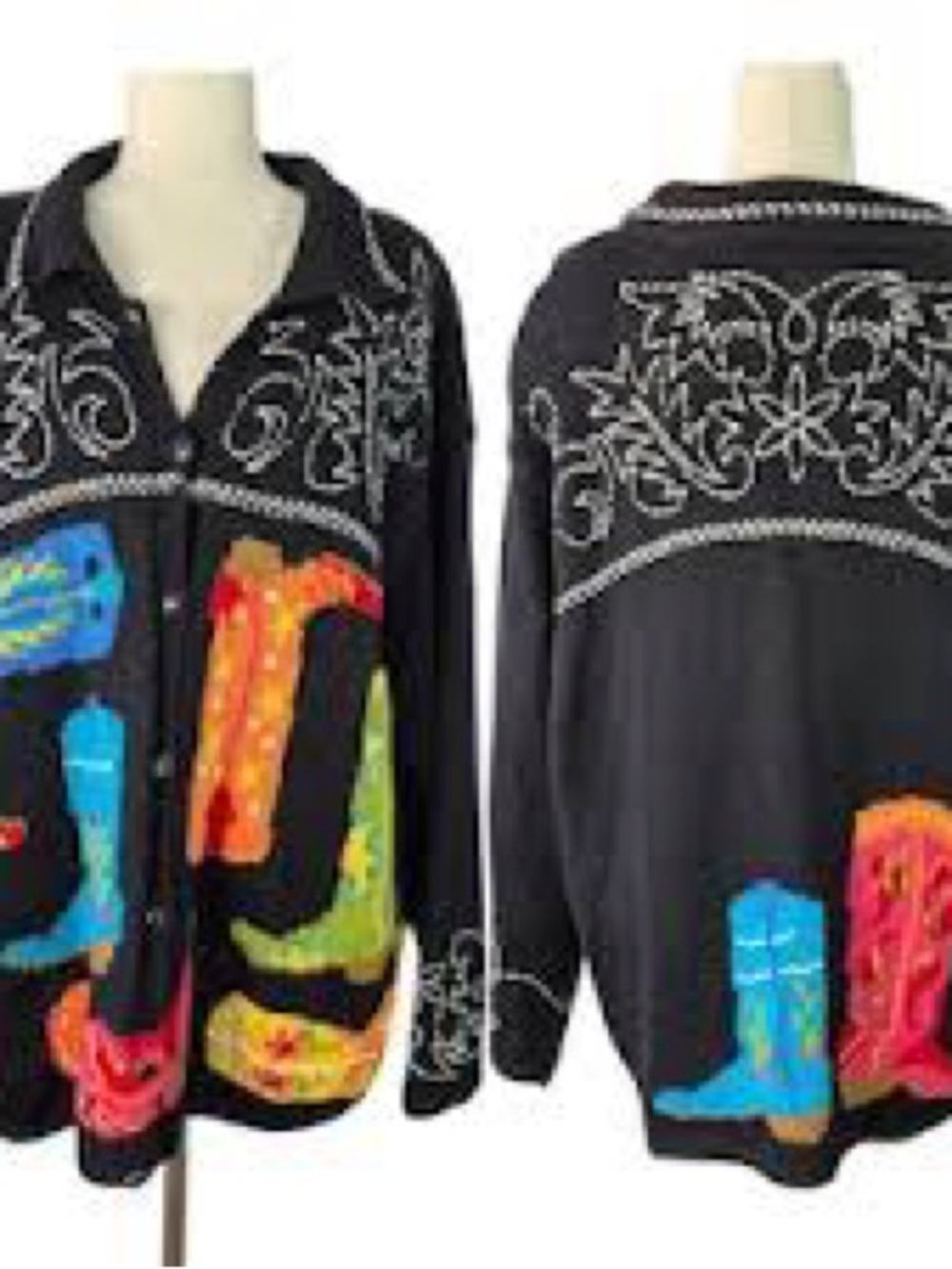 Susan Bristol Black Cardigan with Multicolor Boot Appliqués and White Embroide